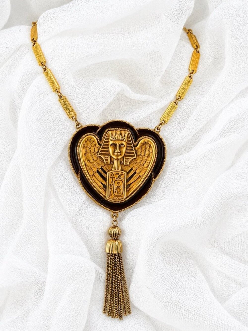 Vintage Egyptian Revival Pharaoh Enamel Heart Statement Necklace Tassel GoldTone
